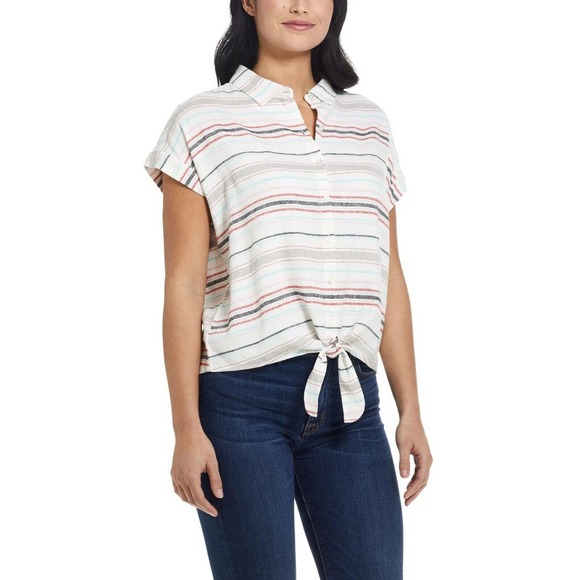 Weatherproof Tops - Weatherproof Vintage Size S Tie Front Top Multi Stripe Washable Linen Button Up